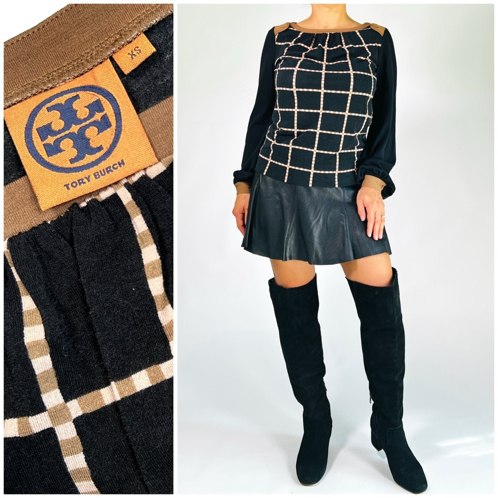 Tory Burch Womans Top Xs Black Tan Brown Pink Plaid Long Sleeve Blouse Top